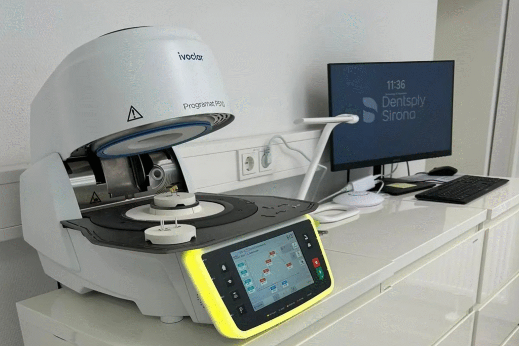 Unser hauseigenes Zahnlabor ermöglicht es uns, Ihren Zahnersatz ohne lange Wartezeiten und ohne externe Kosten direkt vor Ort herzustellen. Das Foto zeigt ein modernes Fertigungsgerät neben einem Computer.